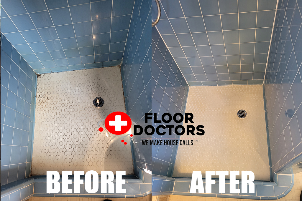 Blue Hex Shower Pan before and after