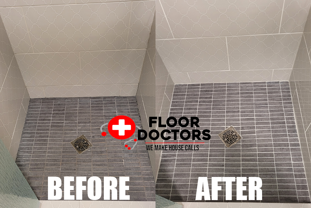 Gray Mosaic Shower Pan before and after