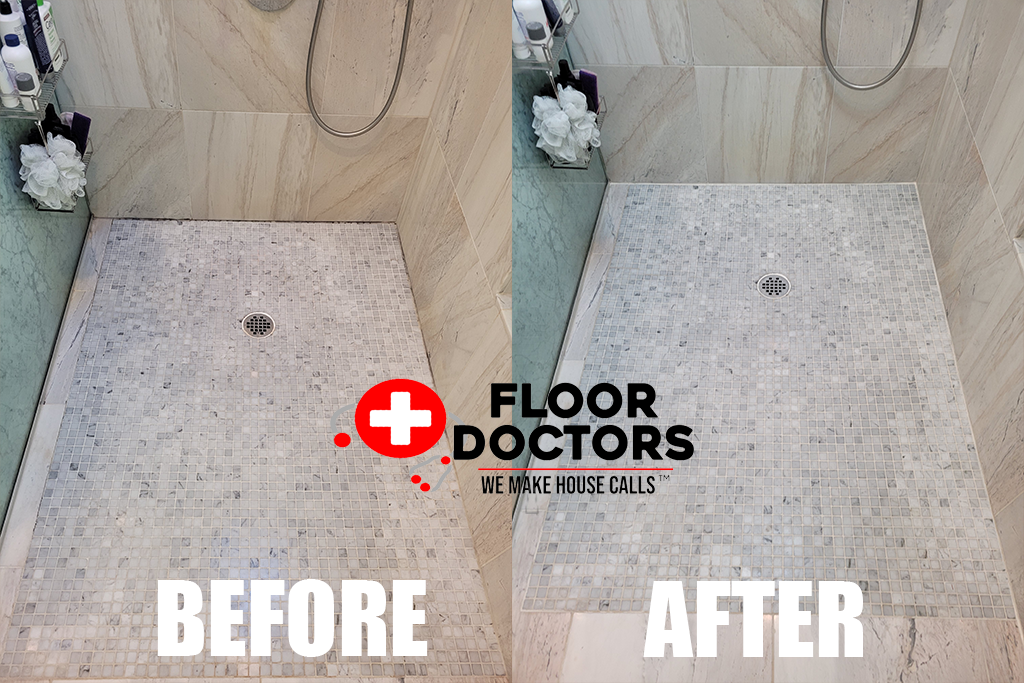 Marble Mosaic Shower Pan before and after