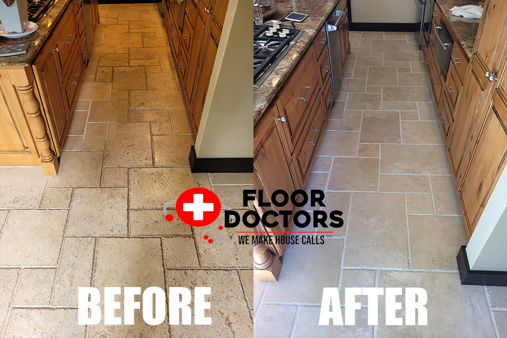 Travertine Kitchen Floor before and after
