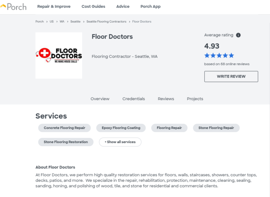 Porch profile for Floor Doctors with 4.93 rating from 68 reviews