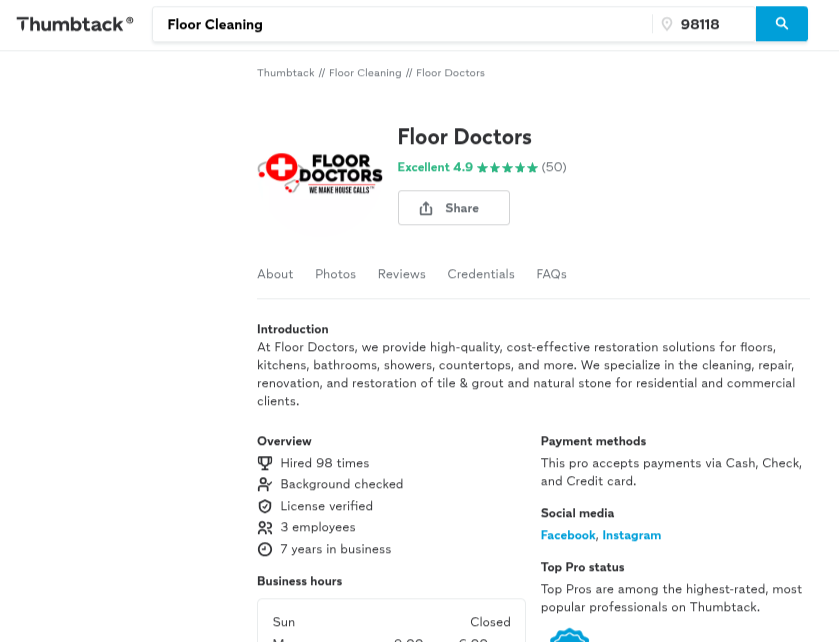 Thumbtack profile for Floor Doctors with 4.9 rating